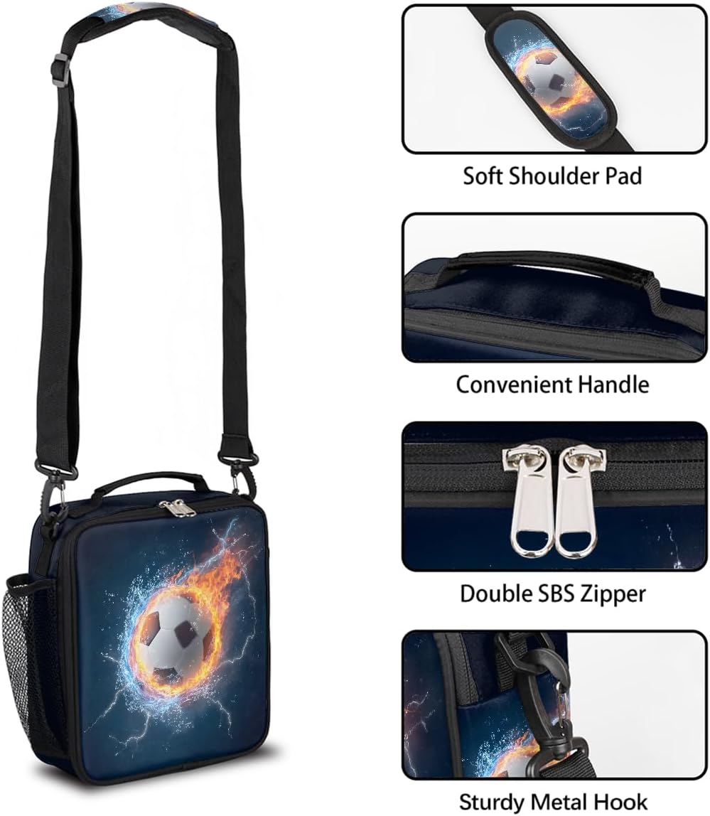 Pardick Kids Lunch Box Flame Soccer Insulated Lunch Bag with Adjustable Shoulder Strap, Portable Lunch Pail Cooler Reusable Lunchbox for Girls Boys Women Men Work School,A-11 image 2