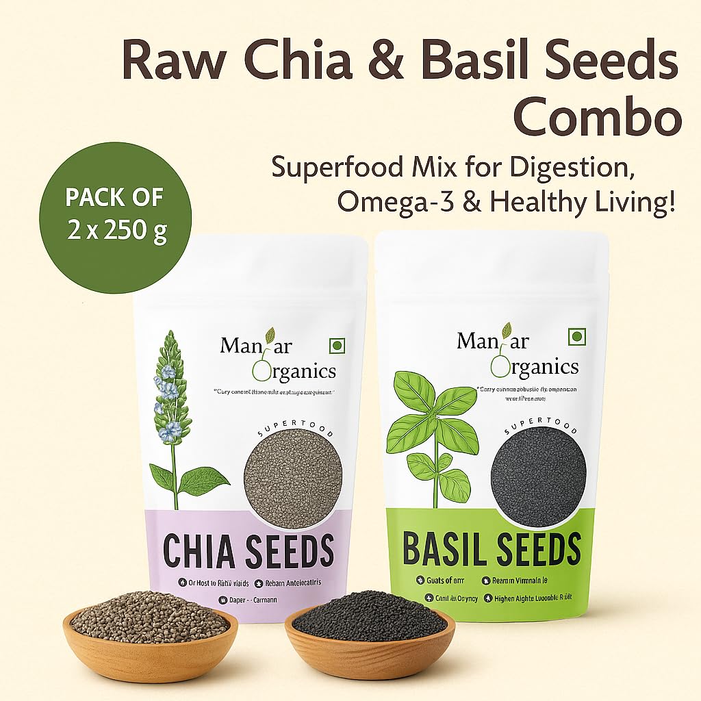 ManHar Organics Basil Seeds & Chia Seeds Combo (Sabja) | Natural Fiber-Rich Superfood Mix | Pack of 2 x 250g 3