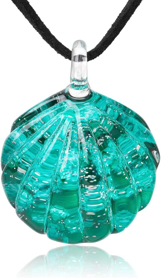 SUVANI Hand Blown & Hand Painted Glass Jewelry Ocean Green Seashell Clear Pendant Necklace 18”-20”