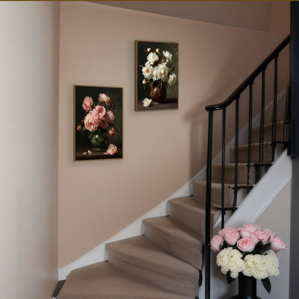 Dark Floral Vintage Peony Wall Art Botanical Canvas Flower Academia Print For Bedroom Living Room, Classical Moody Floral Wall Decor - Framed Set Of 2, 16x24 Inch, Ready to Hang