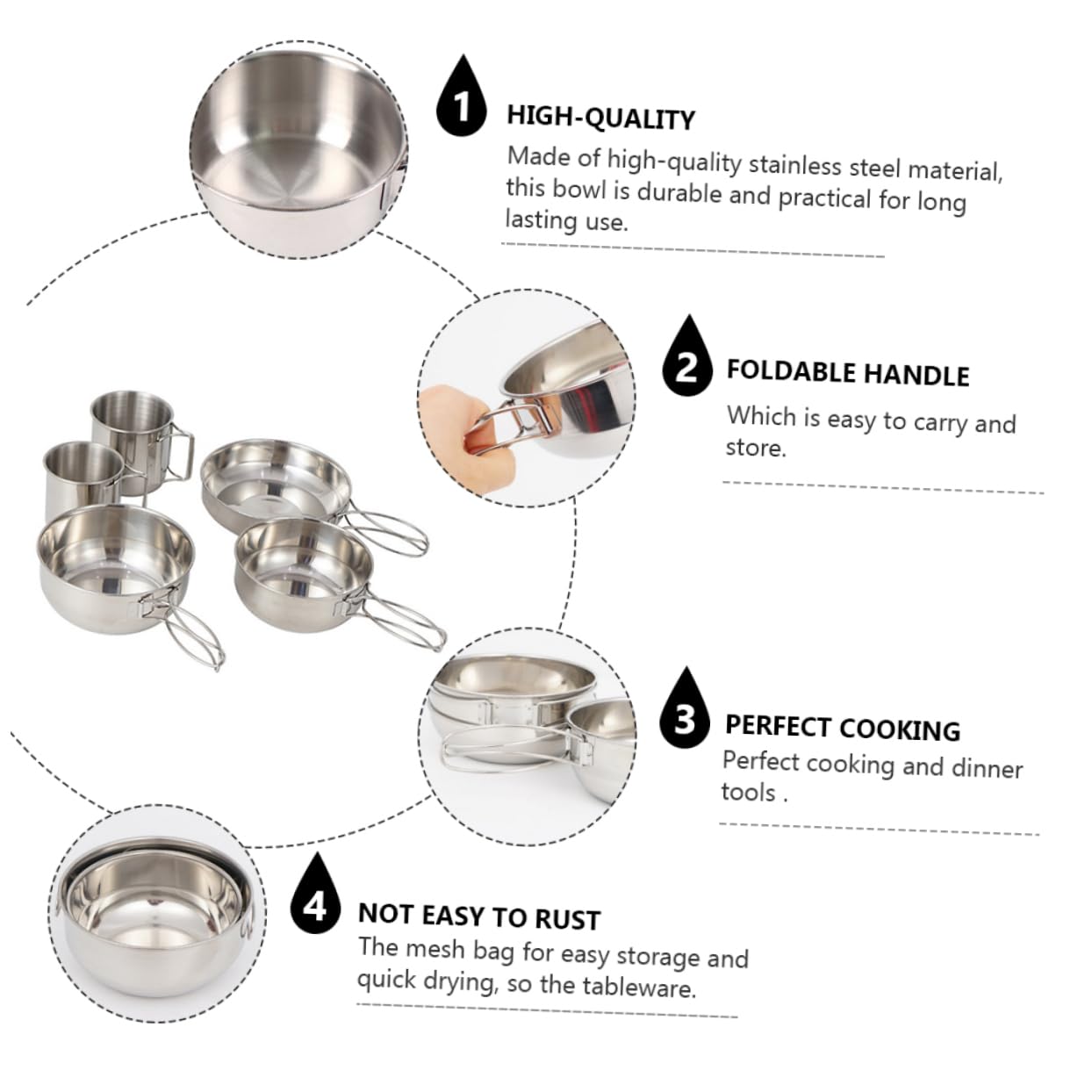 Set Posate da Campeggio in Acciaio Inox, 5 Pezzi Manico Pieghevole, Tazza e Ciotola, per Campeggio e Picnic,