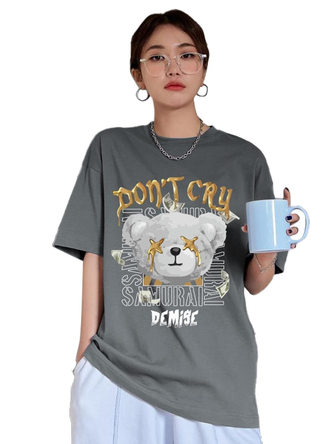 CHKOKKO Oversized Round Neck Drop Shoulder Printed Polyester Half Sleeves T-Shirt for Women