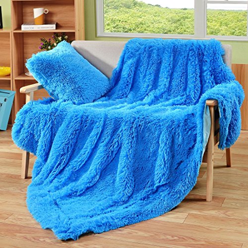 Decosy Super Soft Faux Fur Warm Cozy Throw Blanket Royal Blue 50"X 60"- Decorative Reversible Fluffy Fleece Flannel Tv Blanket For Sofa Couch Chair Bed - All Season Quilt Fuzzy Comforter #TOP3