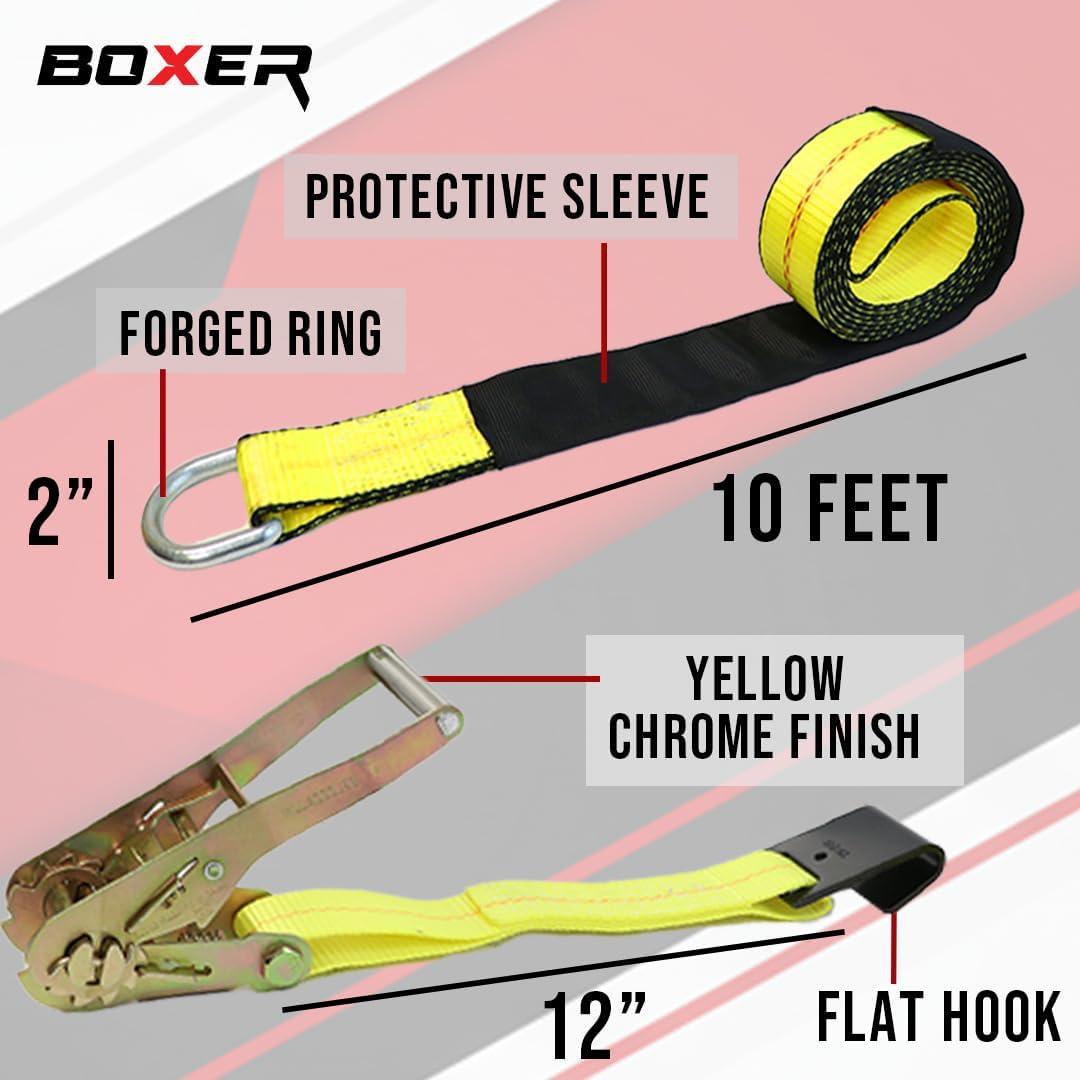 BoxerTool Pro Car Tie Down with Flat Hooks - Lasso Style - 2" x 120" - 4 Pack - for Trailers - Flat Bed - Towing - Power Sports