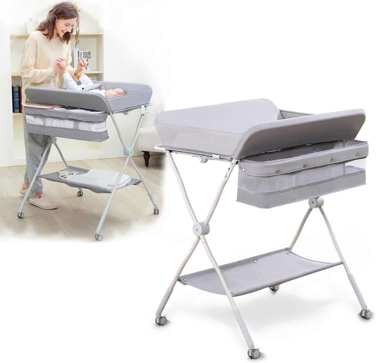 AM ANNA Baby Changing Table,Folding Mobile Nursery Organizer, Changing Station for Infan w/Storage Rack & Shelf, Nursery Diaper Organizer Table for Newborn, Adjustable Height, Safety Belt, Grey