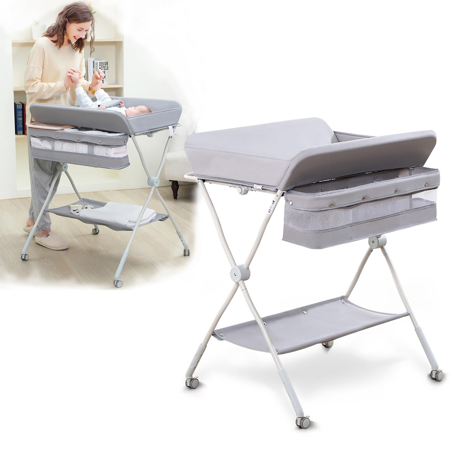 AM ANNA Baby Changing Table,Folding Mobile Nursery Organizer, Changing Station for Infan w/Storage Rack & Shelf, Nursery Diaper Organizer Table for Newborn, Adjustable Height, Safety Belt, Grey