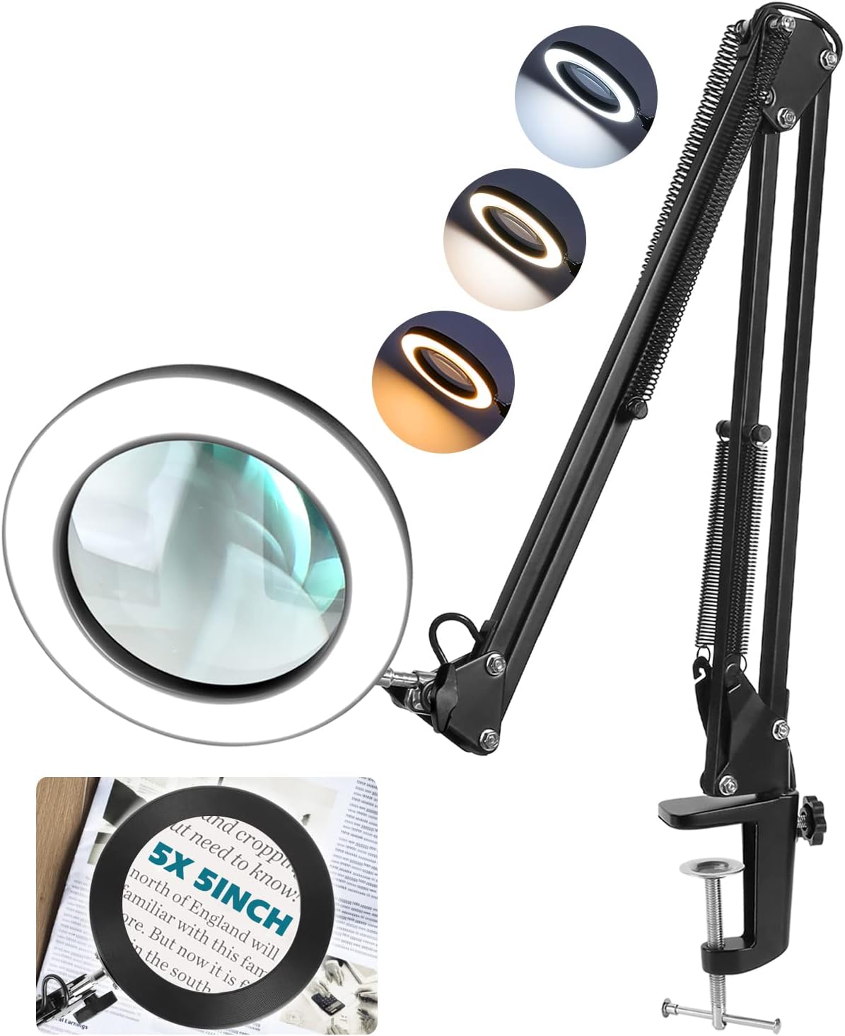 5X 5 Inch Magnifying Glass with Light and Stand, TOMSOO 5" Real Glass LED Desk Lamp, 2*15" Adjustable Swing Arm Stepless Dimmable 3 Color Modes, Lighted Magnifier for Close Work Reading Repair Crafts