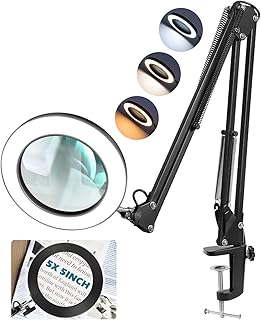 5X 5 Inch Magnifying Glass with Light and Stand, TOMSOO 5" Real Glass LED Desk Lamp, 2*15" Adjustable Swing Arm Stepless D...