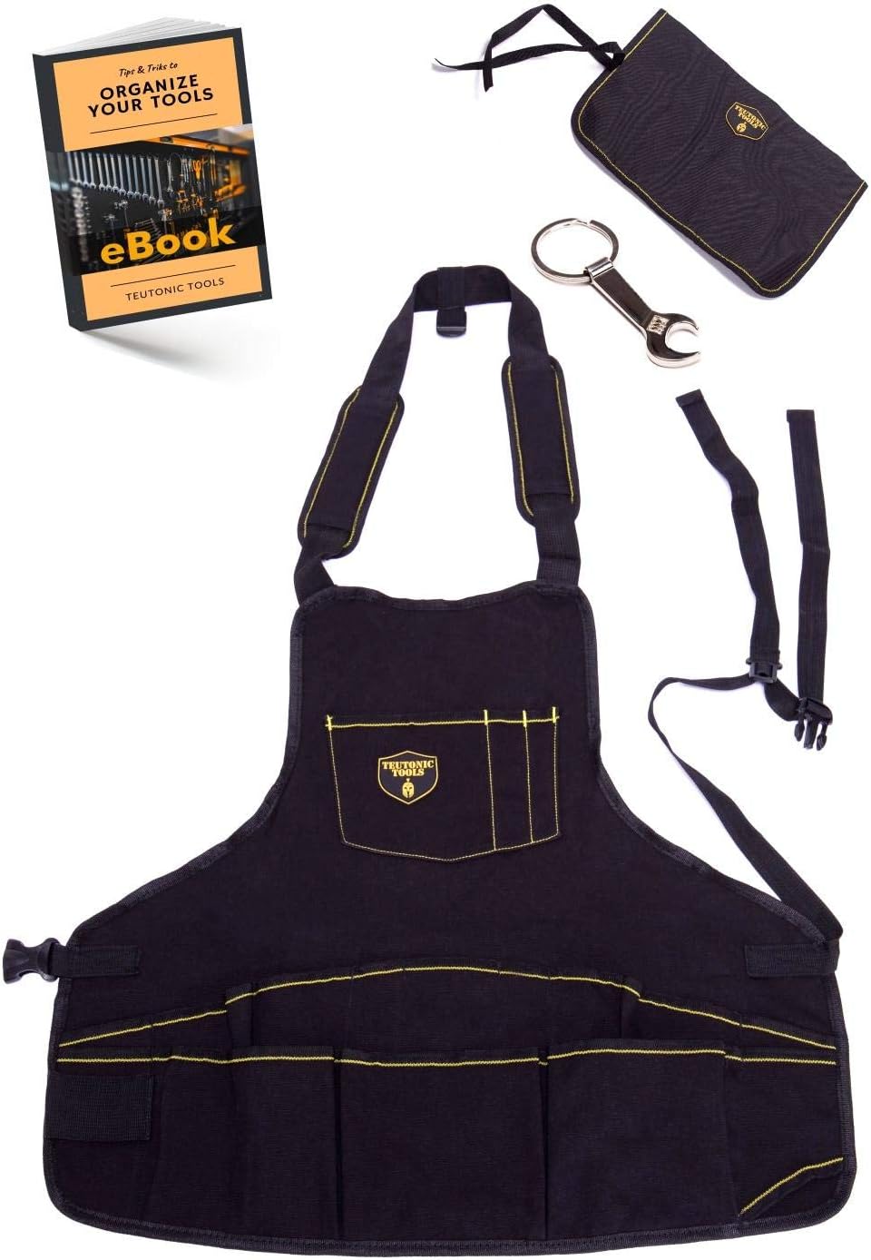 Teutonic Tools Gardening Work Apron - Lightweight 1200D Oxford Fabric - Adjustable Straps Up To XXL - 15 Pockets Combo - EXTRA Items Small Tool Bag - Wrench Keychain, FREE eBook
