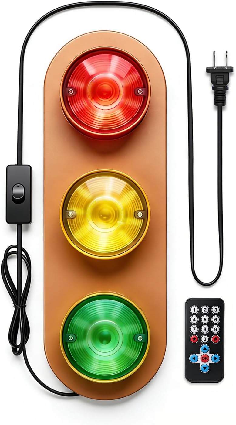Traffic Light Lamp with Remote Control 12+ Mode Sequences LED Lights Lamp Decor, Stop Light Wall Lamp for Bedroom, Living Room, Club, Bar (Brown)