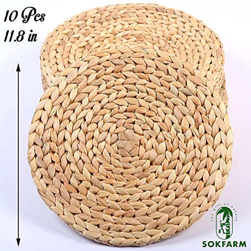 Image of Round Woven Placemats Set of 10, Water Hyacinth Rattan Placemats 11.8 in, Small Charger Plates for Salad & Dessert, Individuales para Mesa De Comedor, Boho Farmhouse Table Mats for Round Table
