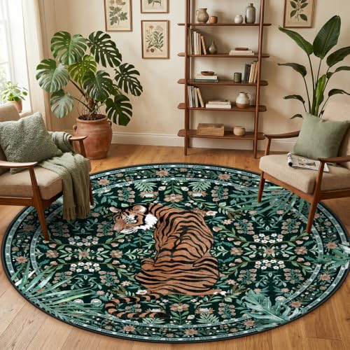 Hroza Tiger 4ft Round Area Rug, Washable Vintage Living Room Rug, Green by Hroza - Used condition - CA$41.15
