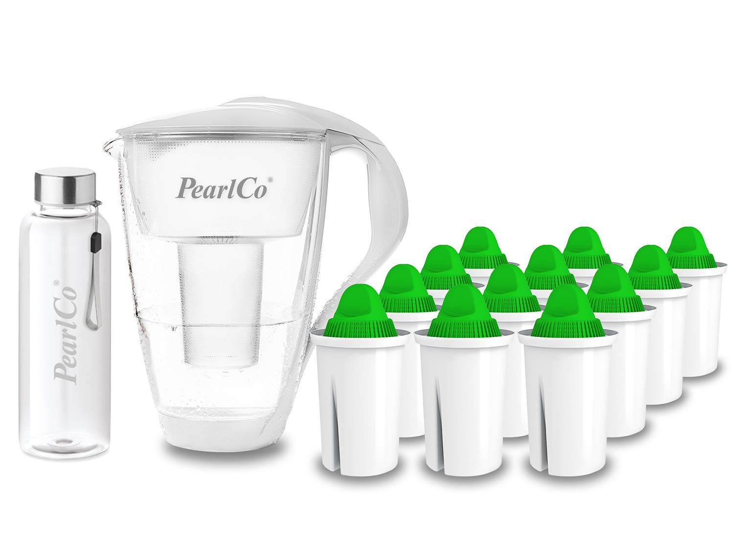 PearlCo - Szklany filtr do wody (biały) z 12 wkładami filtrującymi alkalicznymi Classic + 1 butelka na napoje ze szkła