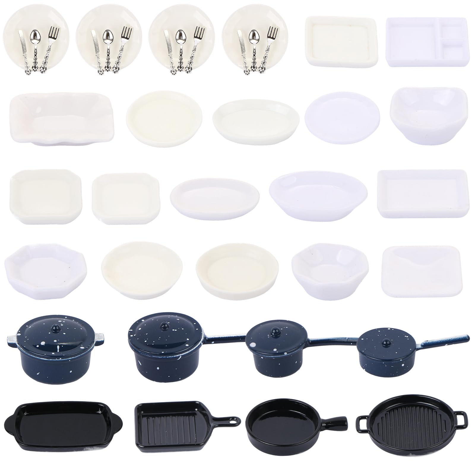 44 Pieces Miniatures Dollhouse Accessories Miniature Kitchen Set Metal Miniature Baking Set and Plastic Mini Plates for Dollhouse Role Play Party Decoration Supplies