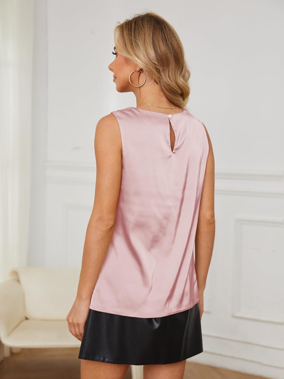 Womens Silk Satin Tank Tops Crew Neck Casual Cami Sleeveless Camisole Blouses Summer Tank Shirt Back Closure - Image 2