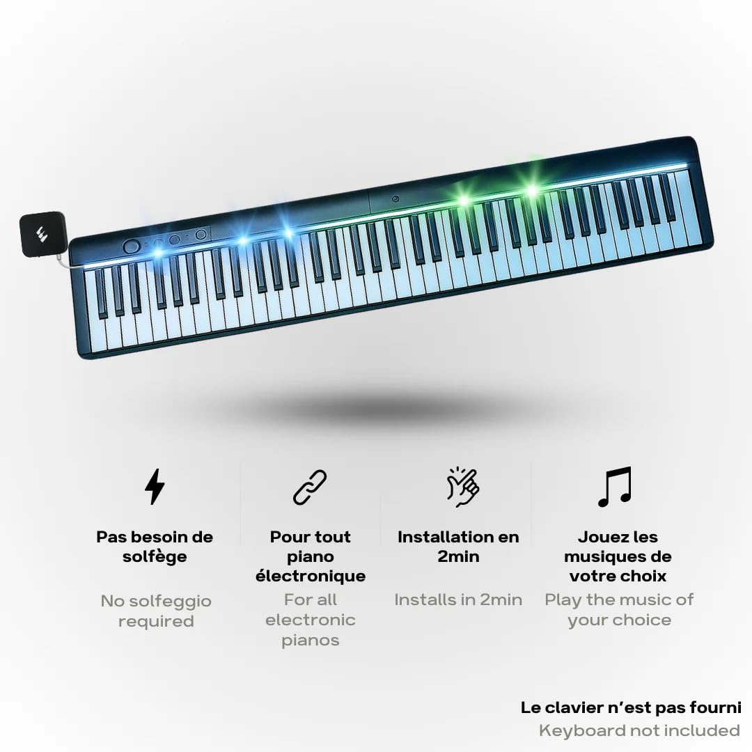 Plus Bande LED pour Apprendre le Piano sans Solfège (piano non inclus) - Application WiFi iOS Android avec 50 Morceaux Inclus - Compatible Claviers Numériques 61/76/88 Touches - Blanc