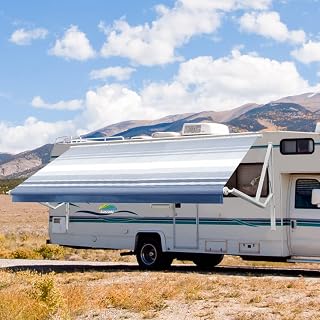 Suncode 18x8Ft White Motorized RV Modular Retractable RV Awning Frame Assemblies and Fabric for RV,5th Wheel,Travel Trailers,Toy Haulers,and Motorhome RV Trailer Awning for Home or Camper-Blue Strip