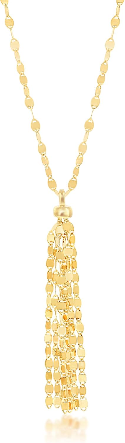 Sterling Silver, Rose Gold or Gold Plated Italian Flat Mirror Chain with Tassel 16+2" Necklace