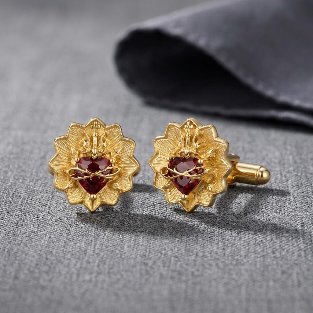 Gold Cufflinks for Men 925 Sterling Silver Sacred Heart Cuff Links