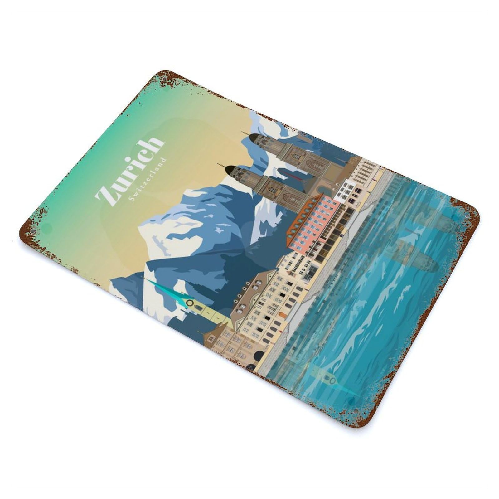 Travel to Zurich Rust Effect Tin Sign 11.8"x7.9", Ideal for Farmhouse, Kitchen And Entryway Decor