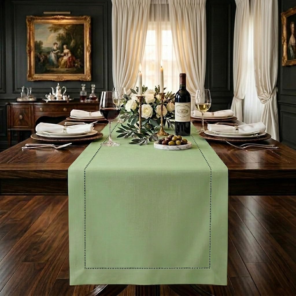 Signature Linen™ by D'Moksha Sage Green Table Runner 144 Inches Long, 100% Pure Linen, Hemstitch, Extra Long Table Runner, 14 x 144 Inch for Dining- Mothers Day, Spring, Summer