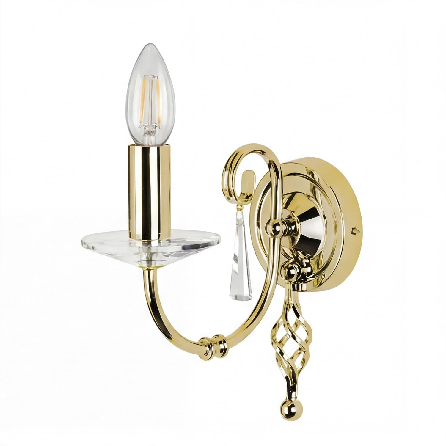 Licht-Erlebnisse Designer Wandleuchte Messing poliert Wohnzimmer Metall Kristall Glas Kerzenform E14 B:10 cm Schlafzimmer Flur Wandlampe Klassisch