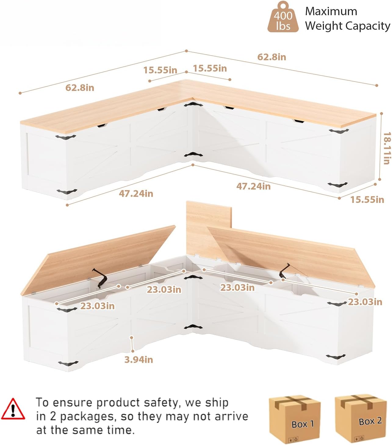L Shape Storage Bench, Kitchen Breakfast Nook Bench, Farmhouse Corner Bench with Storage for Entryway, Dining Room, Kitchen
