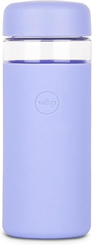 W&P Porter Glass - Botella de agua de boca ancha con funda protectora de silicona, lavanda de 16 onzas, botella reutilizable a prueba de fugas, apta