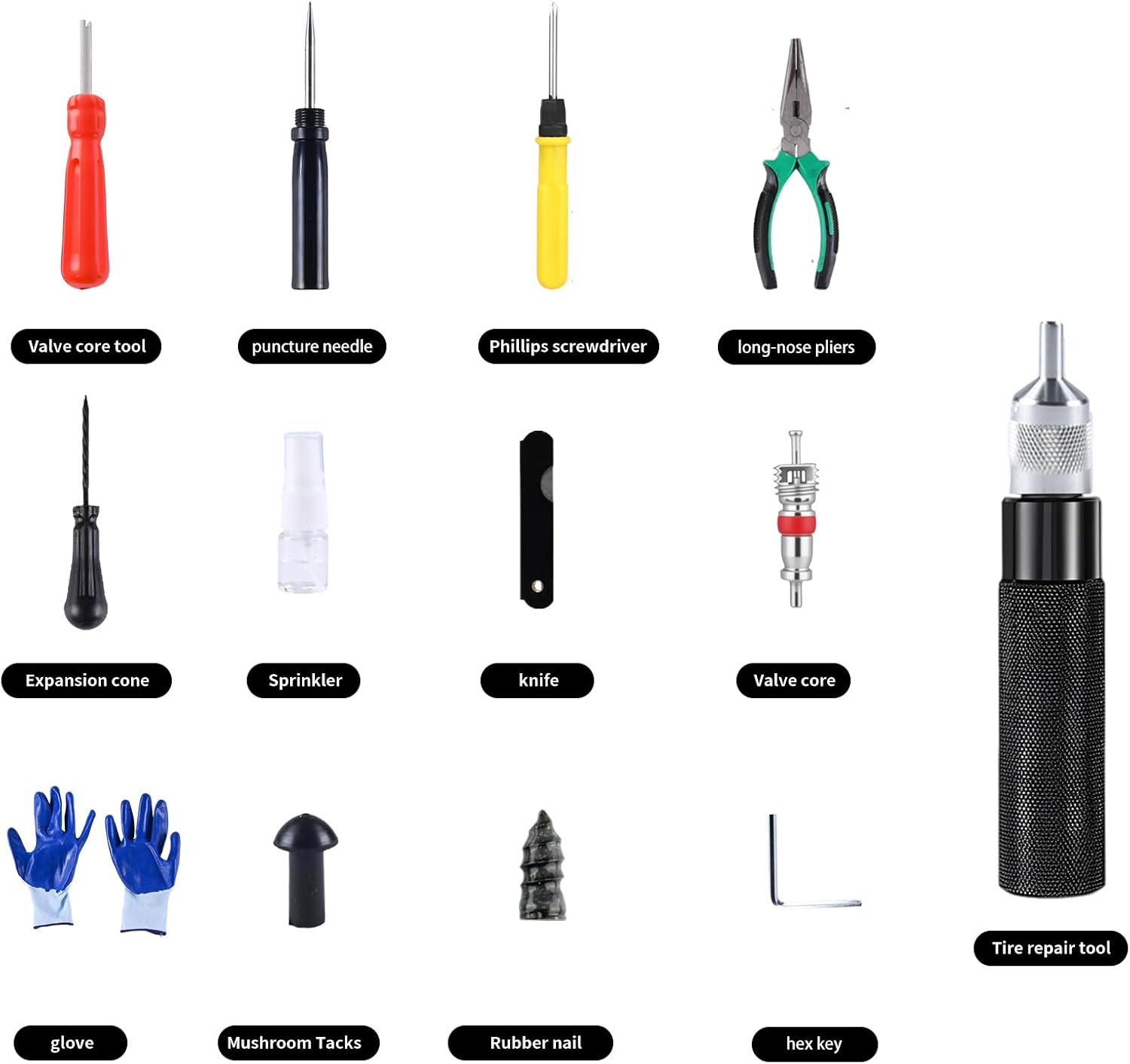 Tire Repair Kits Tubeless Tire Puncture Repair Kit with Mushroom Plug, Repairs punctures and Flat Tires for Motorcycles, Cars, Trucks, ATVs,Gun Puncture Repair Kit（34-Piece ）