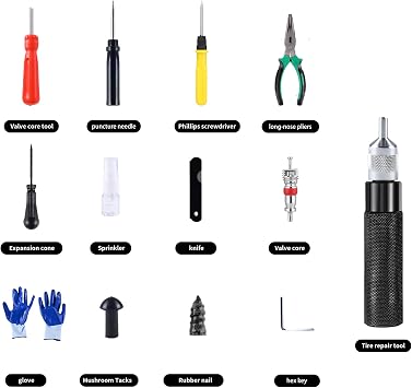 Tire Repair Kits Tubeless Tire Puncture Repair Kit with Mushroom Plug, Repairs punctures and Flat Tires for Motorcycles, Cars, Trucks, ATVs,Gun Puncture Repair Kit(34-Piece )