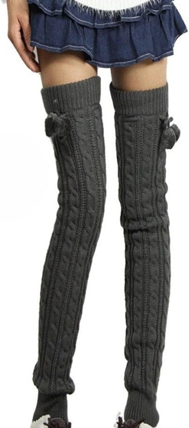 Bronze Times Cable Khit Soft Thickness Over Knee Thigh-High Hosiery Socks Leg Warmer Grey