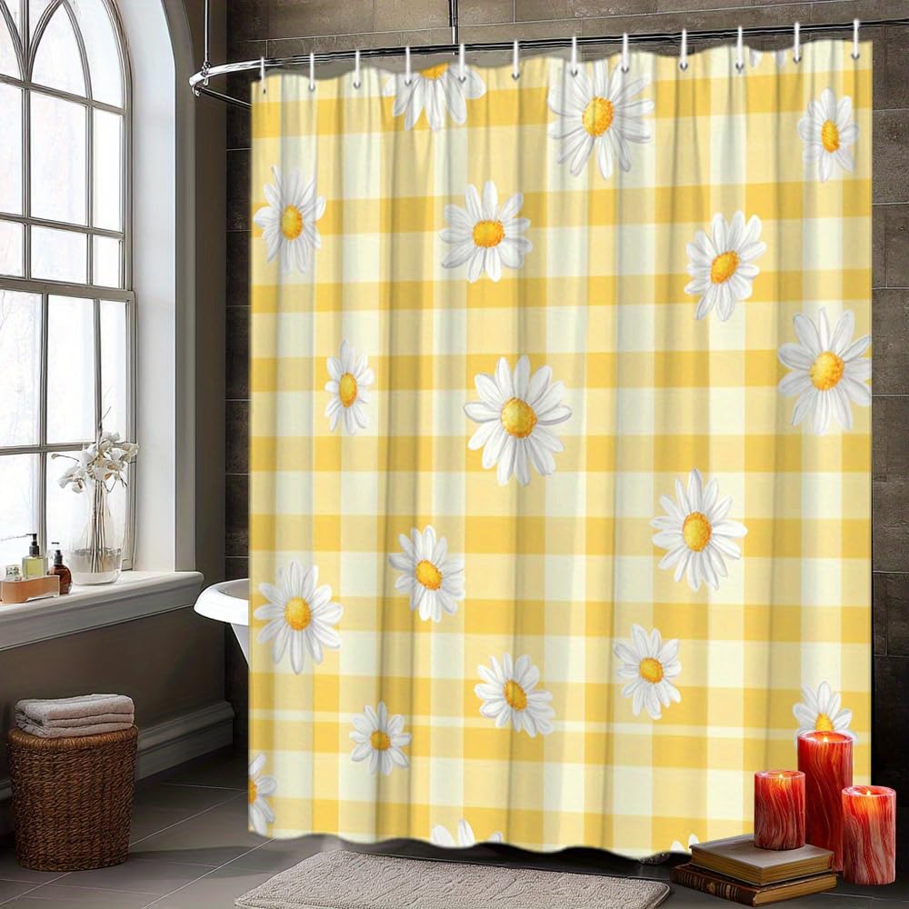 GLWDMB 1 Piece 180x200CM Yellow Checkered Daisy Design Printed Shower Curtain With Hook, Polyester, for Windows And Walls, Bathtub, Bathroom, Machine Washable, All Season Universal