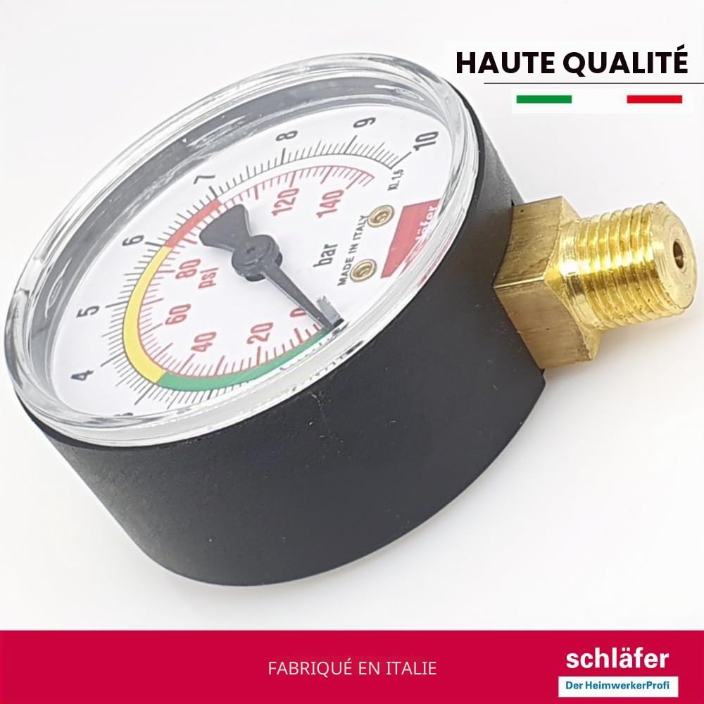 Schläfer 0930168 | Manomètre hydraulique vertical Ø 63 mm, raccord radial 1/4 ", échelle de mesure 0-10 bar, pour systèmes thermiques et contrôle de pression d'air et d'eau