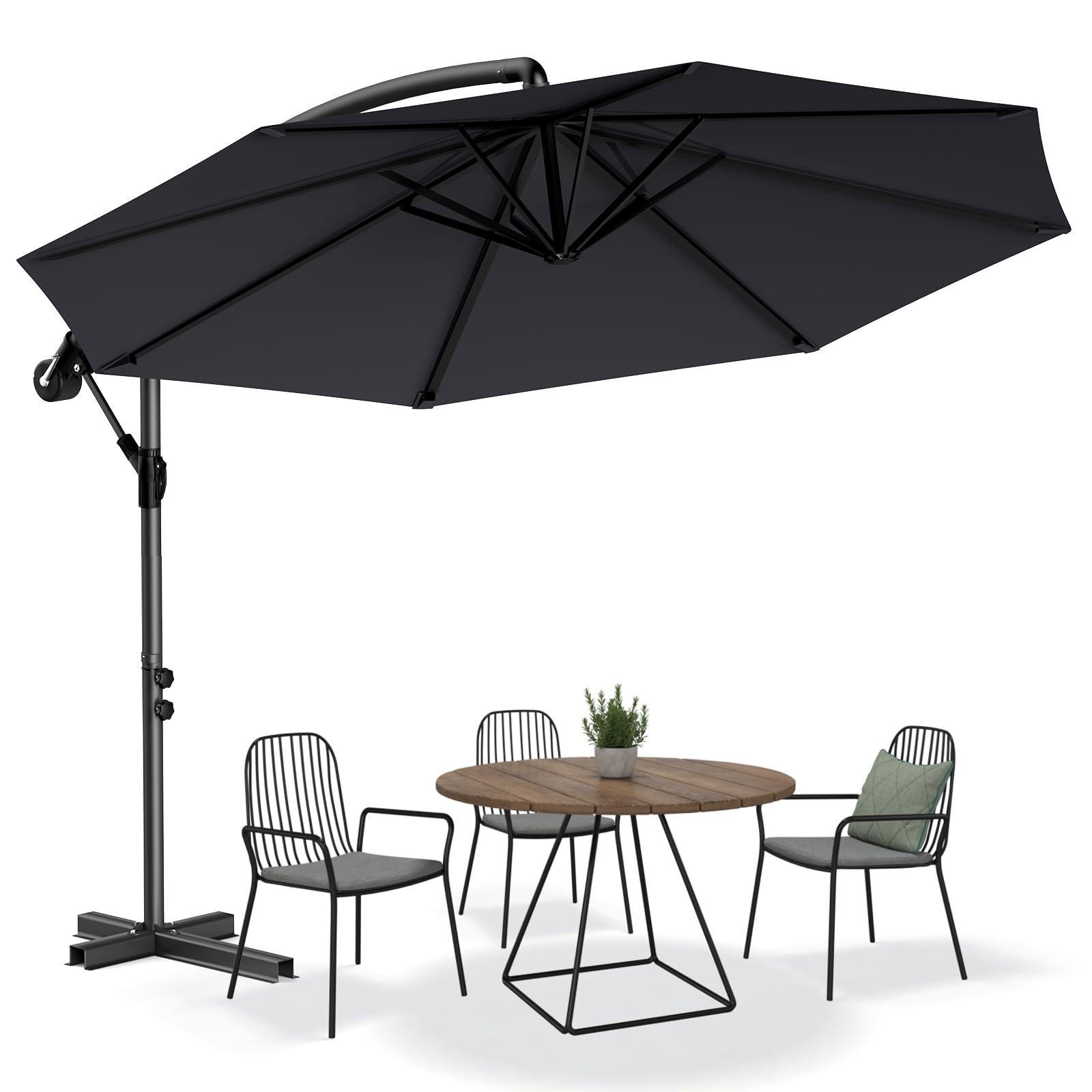 Parasol déporté 300/350cm – Manivelle orientable 360°, UV40+ & imperméable pour jardin/terrasse. Version LED optionnelle, base croix stable, résistant aux intempéries.