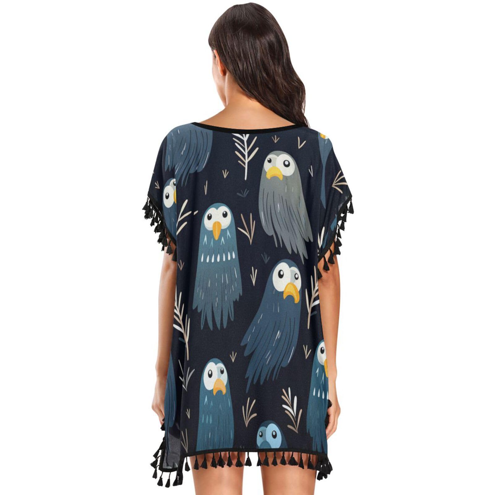Forest Cute Animal Bald Eagle Women's Beach Cover Up Chiffon Tassel Swimwear Swimsuit Coverups for Girl