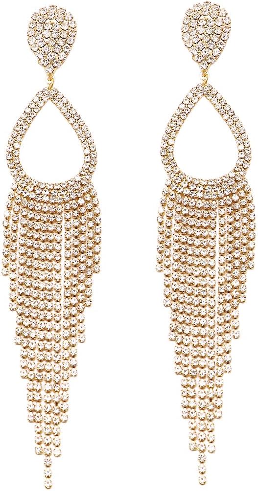 Rosemarie Collections Women's Stunning Bejeweled Crystal Rhinestone Teardrop Fringe Statement Shoulder Duster Earrings, 5.75"