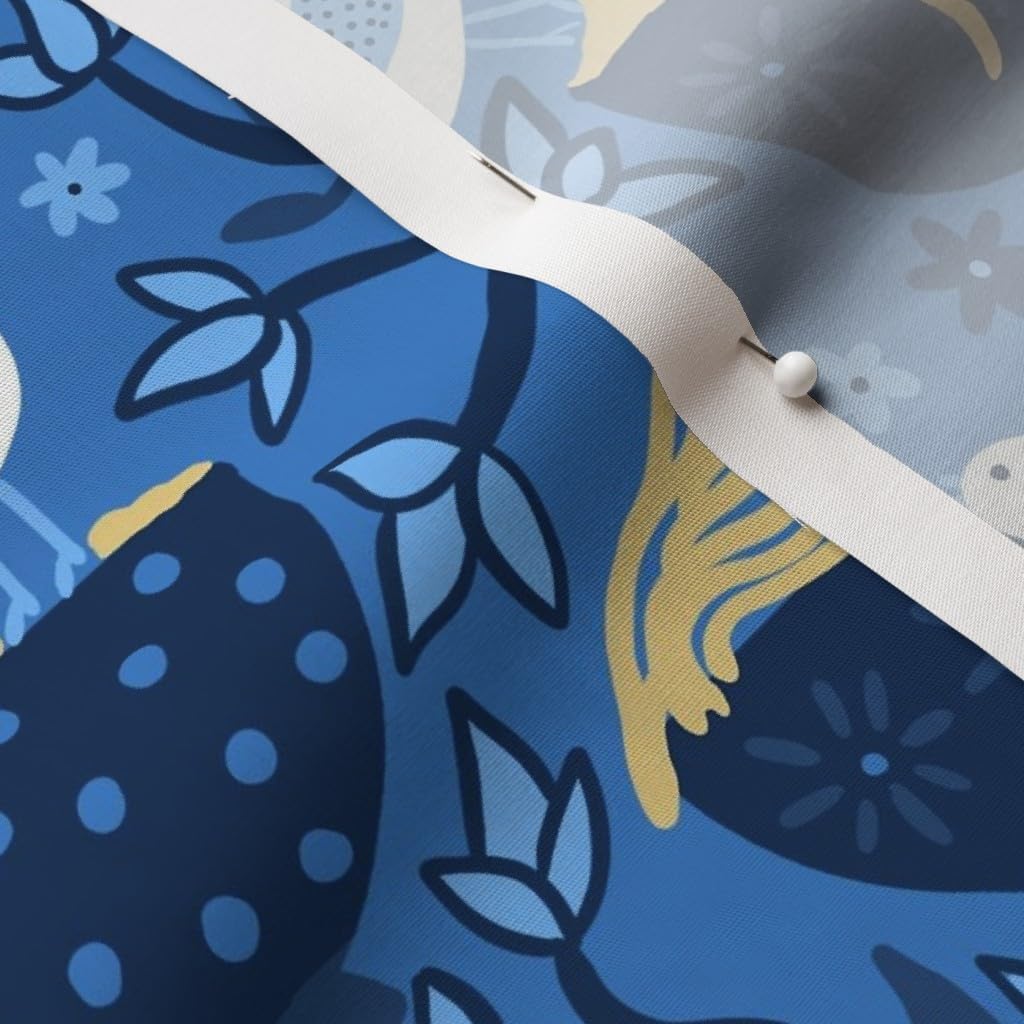 Spoonflower Fabric - Bird Noodles Blue Leaves Birds Spring Flying Printed on Cotton Poplin Fabric by The Yard - Sewing Shirting Quilting Dresses Apparel Crafts