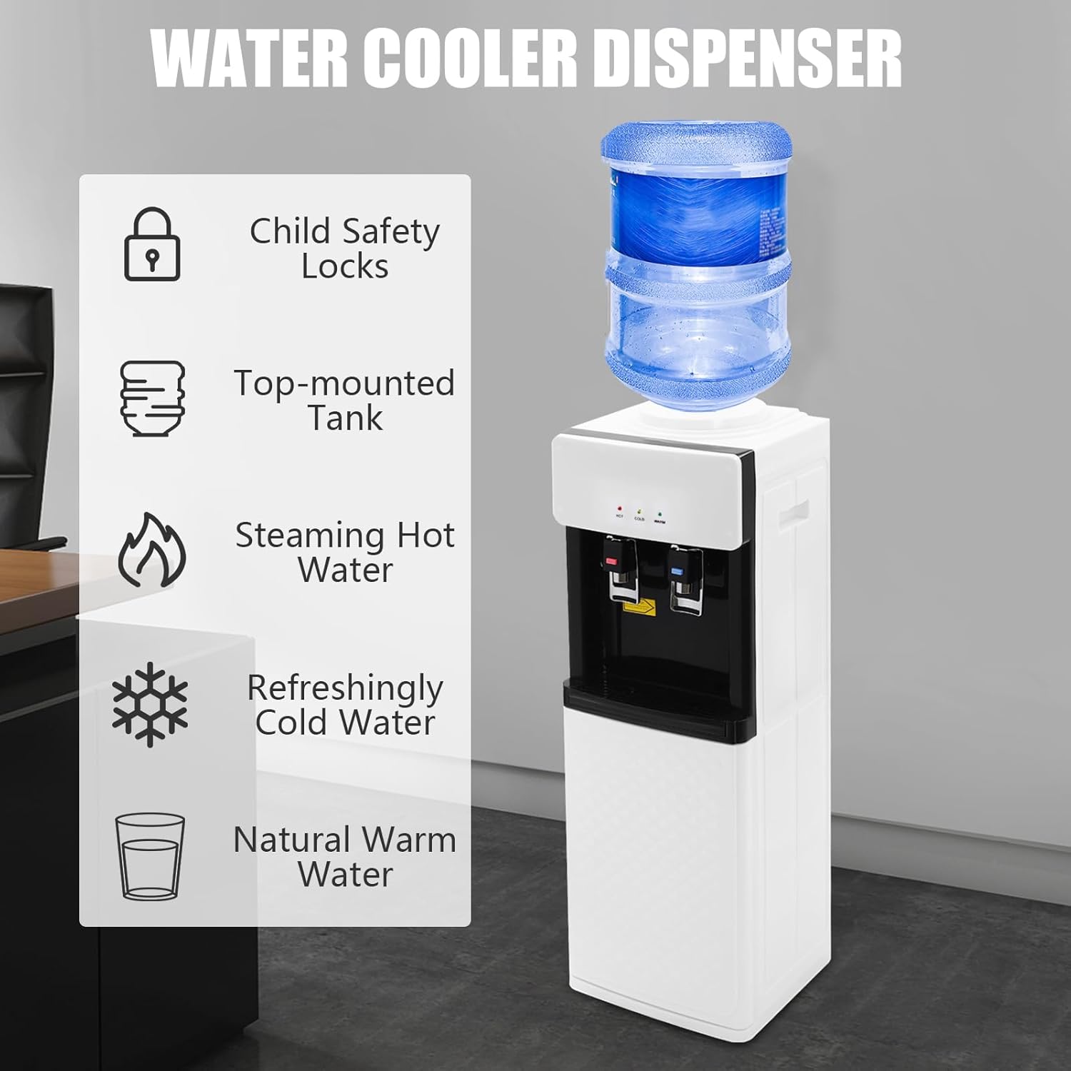 Top Loading Water Cooler Dispenser, Water Dispenser for 3 or 5 Gallon Bottles, Child Safety Lock, Standing Hot& Cold Water Dispenser for Home, Office, Living Room