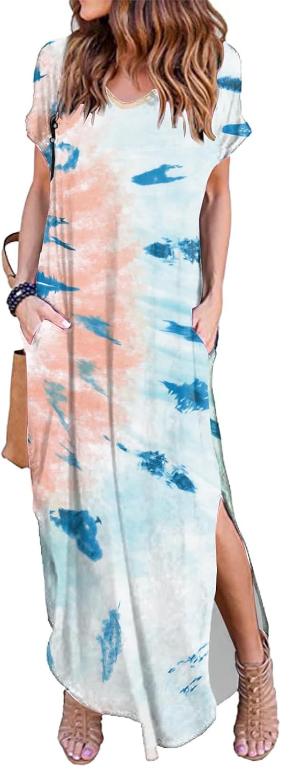 HUSKARY Women's Summer Maxi Dress Casual Loose Pockets Long Dress Short Sleeve Split Maxi Dresses