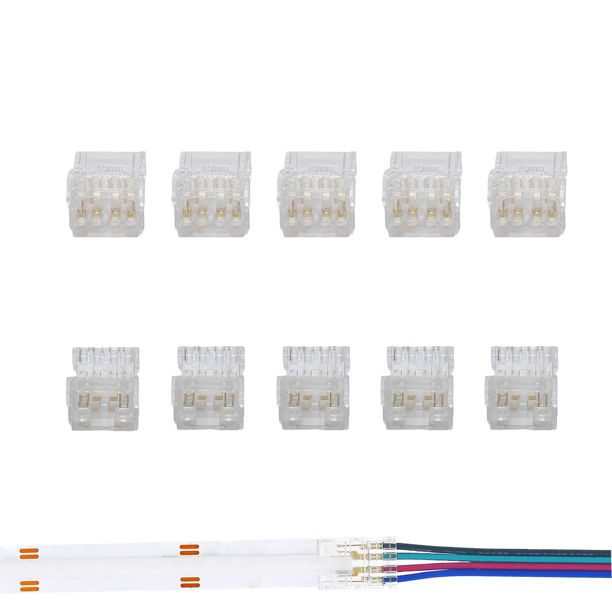 Clearhill White 10Mm 4Pin 10Pcs Transparent Solderless Led Light Strip Connectors,Strip To Wire Connectors,For Double Color 5V/12V/24V Led Strips,No Soldering Required,Secure Connection.