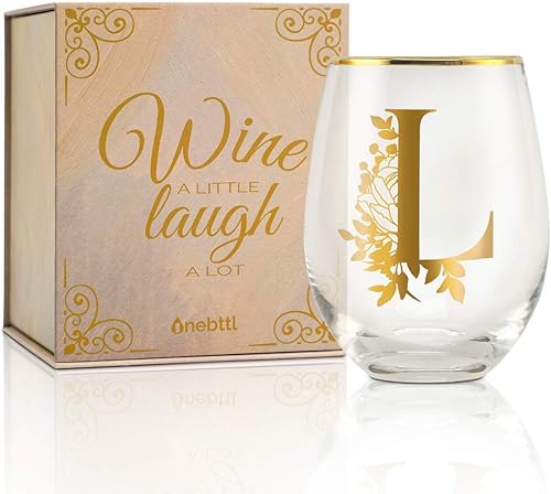 Onebttl Copas de vino únicas sin tallo, copa de vino inicial para vino tinto o blanco, 18 onzas, monogramada, dorada, para mujeres, niñas, mujeres,