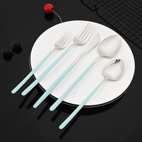 Miniatura 6 de JASHII Juego de cubiertos de acero inoxidable 1810 pulido con espejo, color verde menta y plateado, servicio para 4, cuchillo de cena, tenedor,
