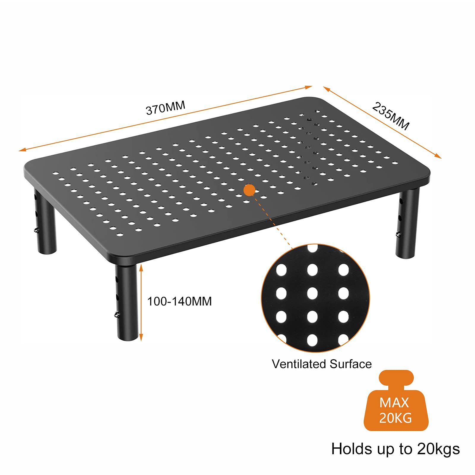 Bracwiser Lot de 2 supports rehausseurs pour moniteur, 3 niveaux de hauteur réglables pour ordinateur, ordinateur portable, imprimante, notebook avec plateforme en métal ventilée 370 x 235 mm, noir