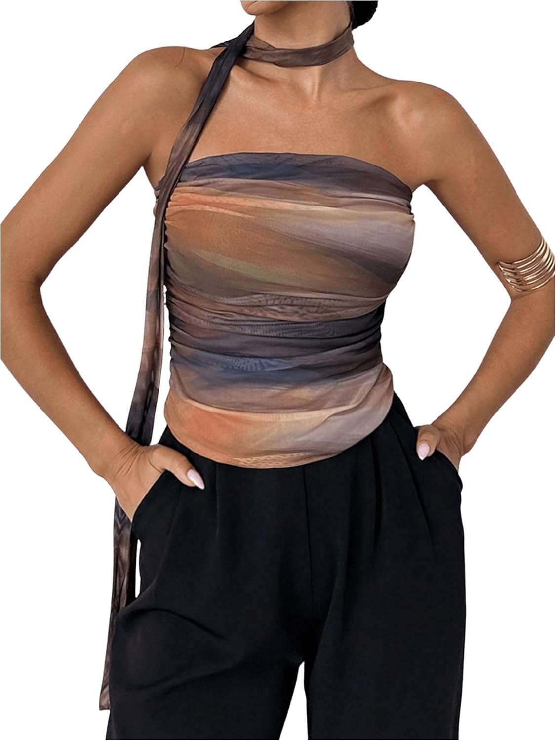 Milumia Women's Tie Dye Mesh Tube Top Y2k Ruched Strapless Bandeau Tops with Scarf
