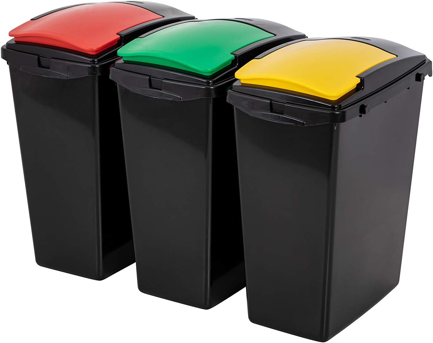 Addis 40 Litre Plastic Set of 3 Recycling 40 litre Waste Utility Bins, Black colour coded Lids Green, Red, Yellow