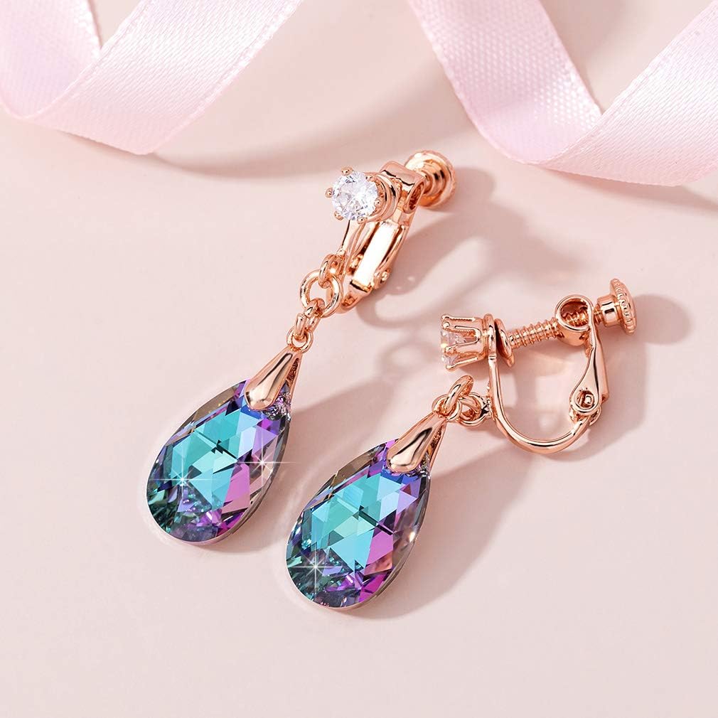 Teardrop Austrian Crystal Drop Clip On Dangle Earrings for Women Non Pierced 14K Rose Gold Plated Hypoallergenic Jewelry - Image 5