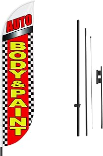 Auto Body Paint Sign feather flag Pole kit Outdoor by Mavis Printing | 15 FEET Long Polyester Outdoor Banner Flag Pole Mount Easy Hang | HD Print Swooper Flag to Advertise Car Business