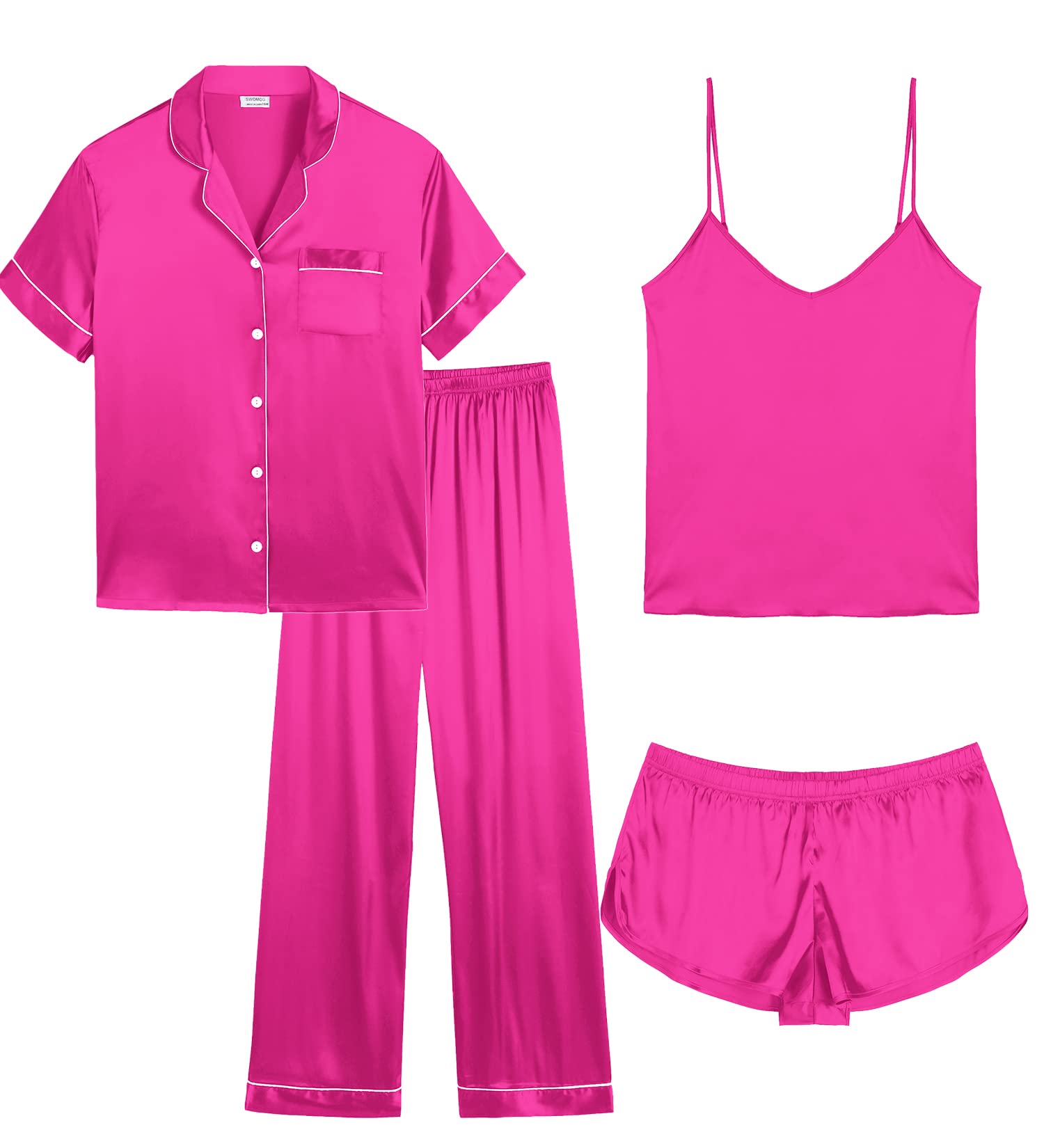 SWOMOG Women Plus Size Pajama Set 4pcs Silk Satin Sleepwear Button Down Pjs Cami Shorts Set Loose Loungewear 16W-26W Rose Red