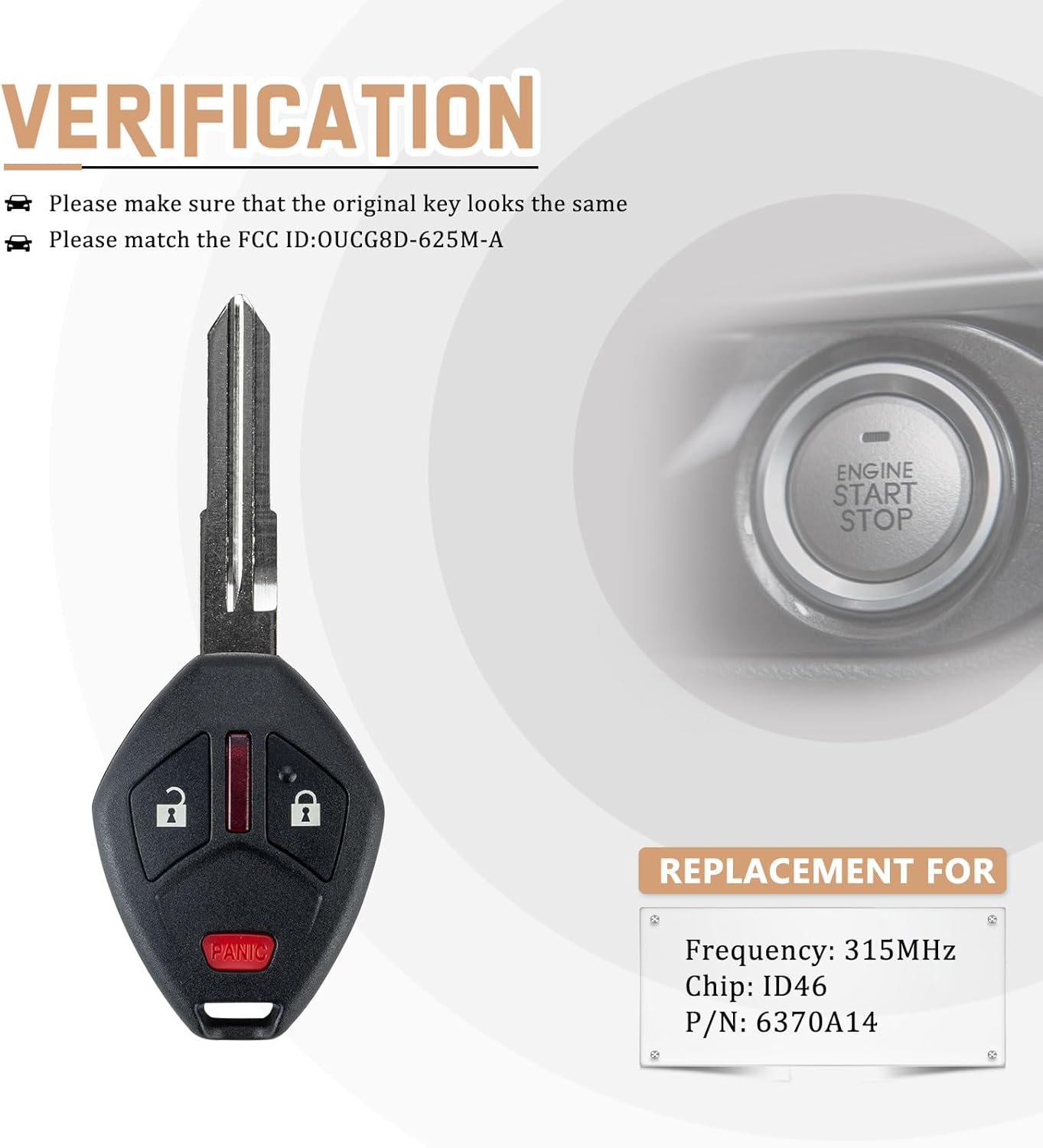 Head Key Replacement for Outlander 2007/2008/2009/2010/2011/2012/2013/2014/2015/2016 with FCC ID: OUCG8D-625M-A Chip: ID46 P/N: 6370A14 315MHZ (Pair)