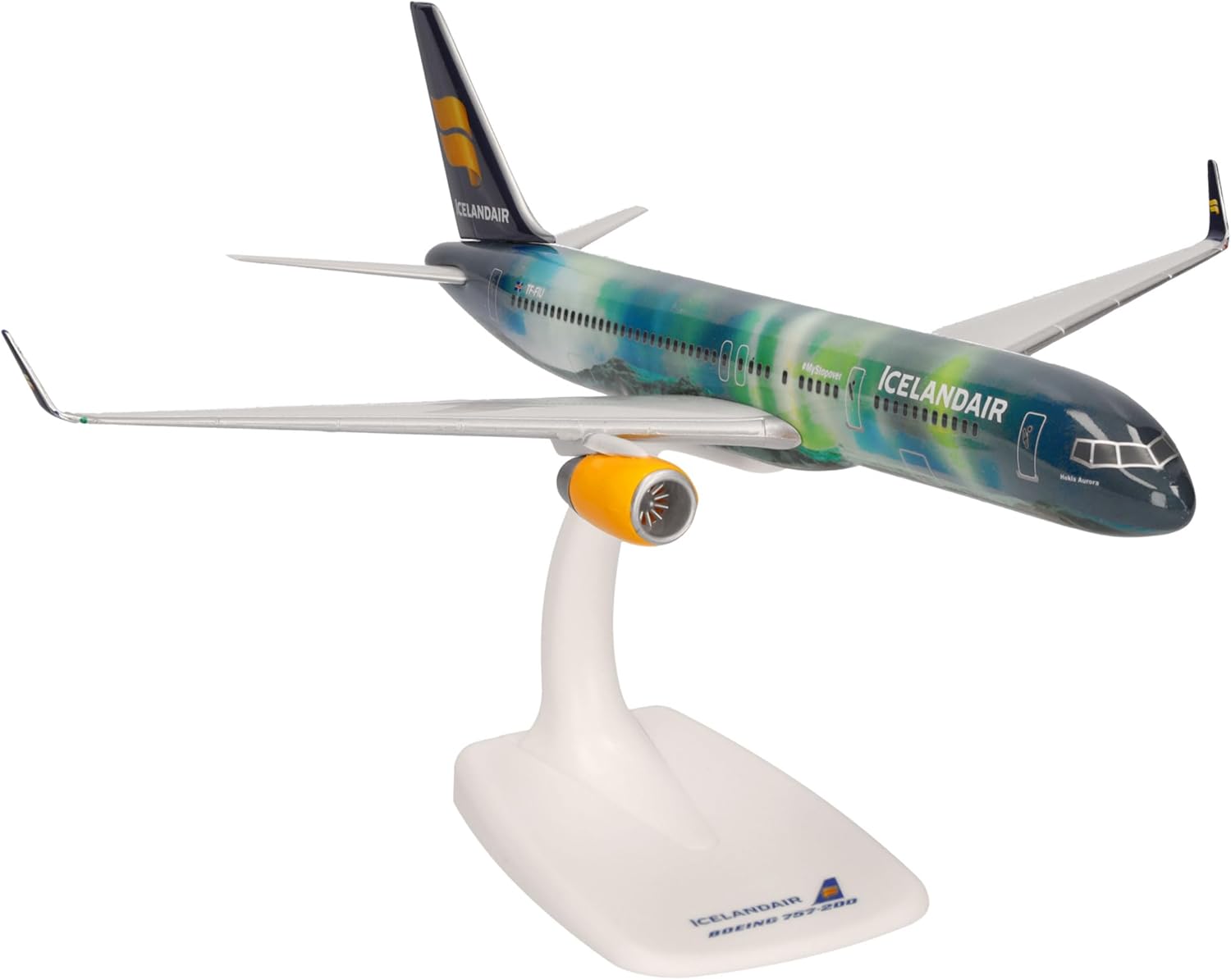Herpa Snap-fit Airplane Model Boeing 757-200 Icelandair Hekla Auroraon Scale of 1:200, Plastic Miniature with pedastal, Model Building, Collectors Edition